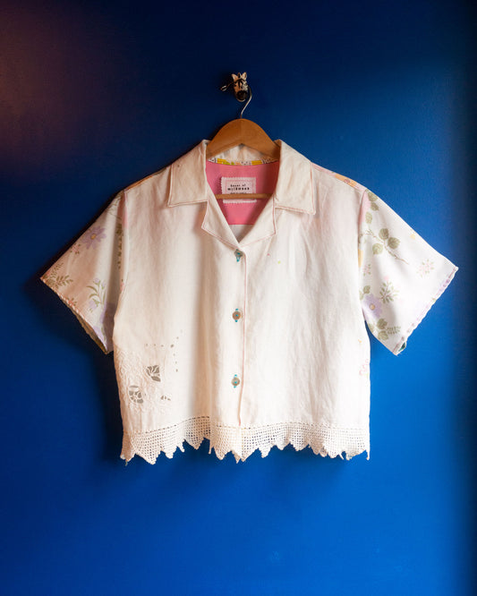 Lacy White + Flowers Cropped Unisex Cuban Shirt